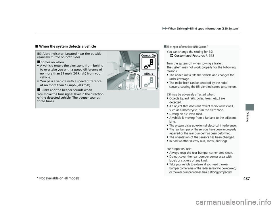 HONDA RIDGELINE 2019 Owners Manual (in English) 487
uuWhen Driving uBlind spot information (BSI) System*
Driving
■When the system detects a vehicle1Blind spot inform ation (BSI) System*
You can change the setting for BSI.
2 Customized Features P HONDA RIDGELINE 2019 Owners Manual (in English) 487
uuWhen Driving uBlind spot information (BSI) System*
Driving
■When the system detects a vehicle1Blind spot inform ation (BSI) System*
You can change the setting for BSI.
2 Customized Features P