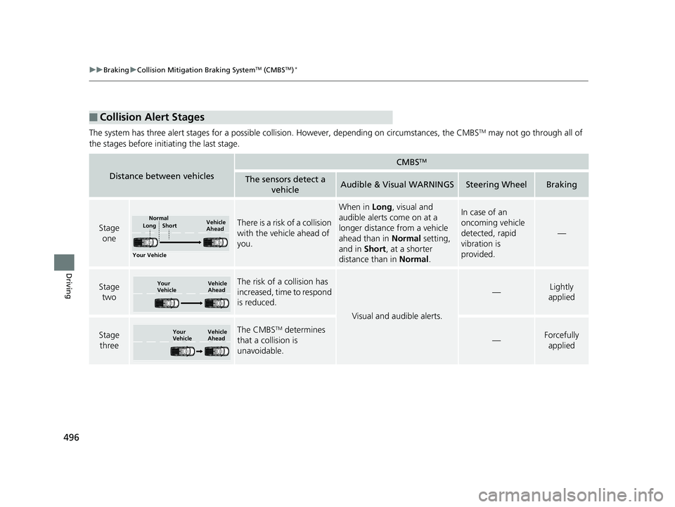 HONDA RIDGELINE 2019 Owners Manual (in English) 496
uuBraking uCollision Mitigation Braking SystemTM (CMBSTM)*
Driving
The system has three alert stages for a possible collision. However, depending on circumstances, the CMBSTM may not go through a HONDA RIDGELINE 2019 Owners Manual (in English) 496
uuBraking uCollision Mitigation Braking SystemTM (CMBSTM)*
Driving
The system has three alert stages for a possible collision. However, depending on circumstances, the CMBSTM may not go through a