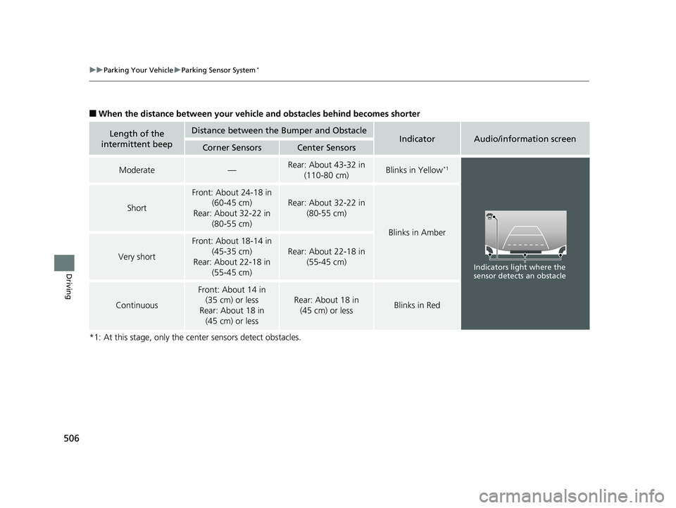 HONDA RIDGELINE 2019  Owners Manual (in English) 506
uuParking Your Vehicle uParking Sensor System*
Driving
■When the distance between your vehicl e and obstacles behind becomes shorter
*1: At this stage, only the ce nter sensors detect obstacles.