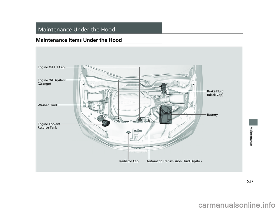 HONDA RIDGELINE 2019  Owners Manual (in English) 527
Maintenance
Maintenance Under the Hood
Maintenance Items Under the Hood
Brake Fluid 
(Black Cap)
Washer Fluid
Radiator Cap
Engine Coolant 
Reserve Tank Engine Oil Dipstick 
(Orange) Engine Oil Fil