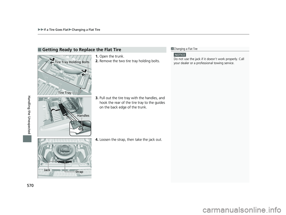 HONDA RIDGELINE 2019  Owners Manual (in English) uuIf a Tire Goes Flat uChanging a Flat Tire
570
Handling the Unexpected
1. Open the trunk.
2. Remove the two tire tray holding bolts.
3. Pull out the tire tray with the handles, and 
hook the rear of 