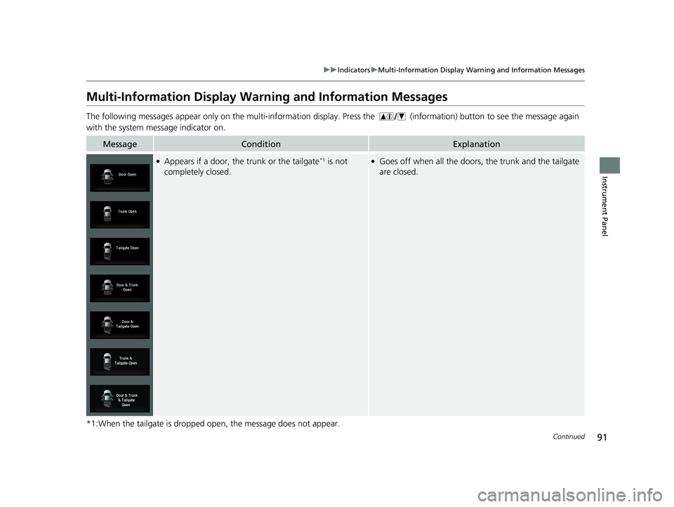 HONDA RIDGELINE 2019  Owners Manual (in English) 91
uuIndicators uMulti-Information Display Warning and Information Messages
Continued
Instrument Panel
Multi-Information Display Warn ing and Information Messages
The following messages appear only on