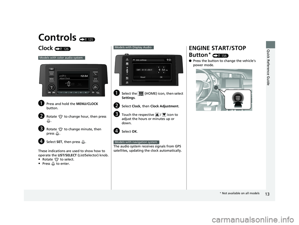 HONDA CIVIC COUPE 2018  Owners Manual (in English) 13
Quick Reference Guide
Controls (P 125)
Clock (P 126)
aPress and hold the MENU/CLOCK 
button.
bRotate   to change hour, then press  .
cRotate   to change minute, then 
press .
dSelect  SET, then pre