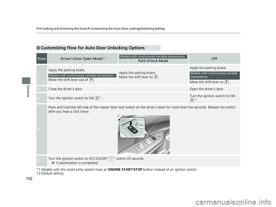HONDA CIVIC SEDAN 2018  Owners Manual (in English) 152
uuLocking and Unlocking the Doors uCustomizing the Auto Door Locking/Unlocking Setting
Controls
*1:Models with the smart entry system have an  ENGINE START/STOP button instead of an ignition switc