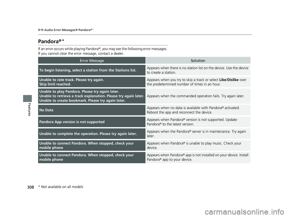 HONDA CIVIC SEDAN 2018  Owners Manual (in English) 308
uuAudio Error Messages uPandora®*
Features
Pandora ®*
If an error occurs while playing Pandora ®, you may see the following error messages. 
If you cannot clear the error  message, contact a de