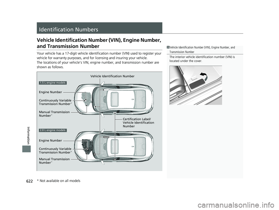 HONDA CIVIC SEDAN 2018  Owners Manual (in English) 622
Information
Identification Numbers
Vehicle Identification Number (VIN), Engine Number, 
and Transmission Number
Your vehicle has a 17-digit vehicle identification number (V IN) used to register yo