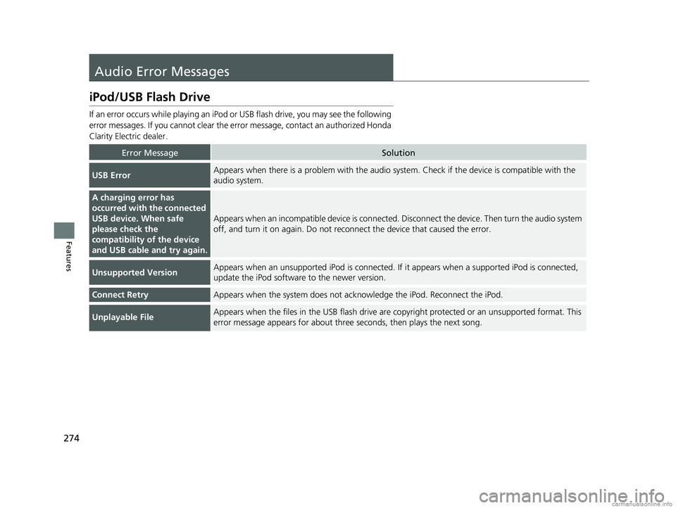 HONDA CLARITY ELECTRIC 2018  Owners Manual (in English) 274
Features
Audio Error Messages
iPod/USB Flash Drive
If an error occurs while playing an iPod or USB flash drive, you may see the following 
error messages. If you cannot clear the erro r message, c