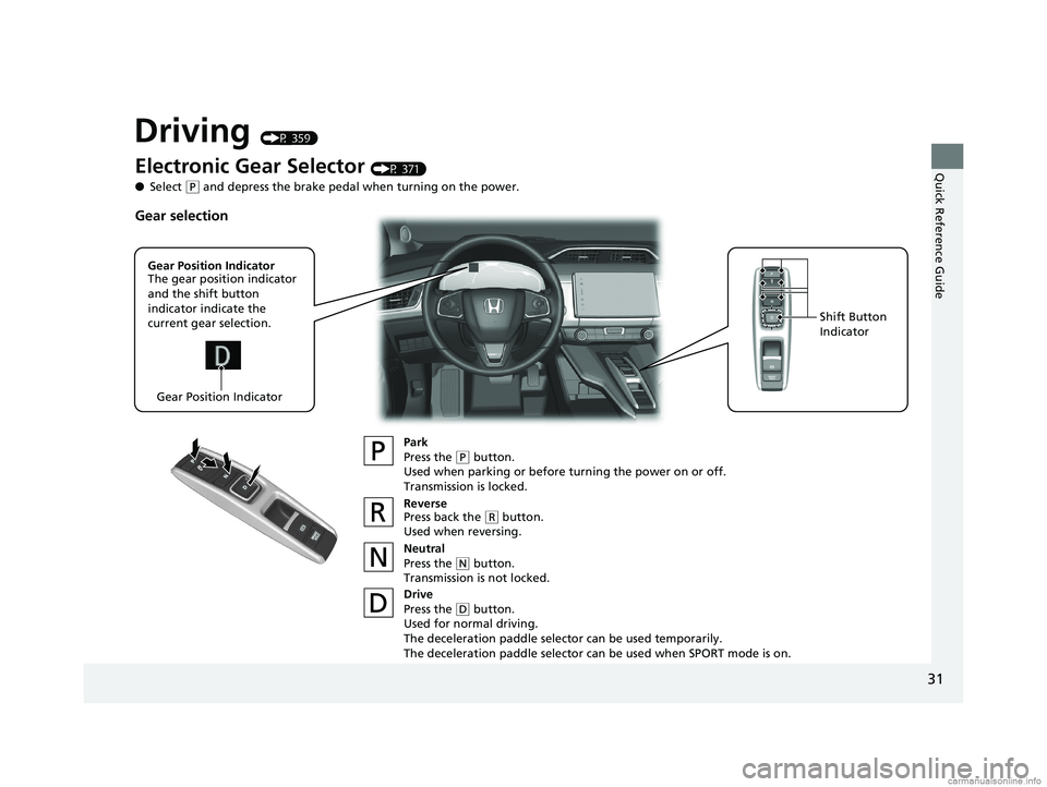 HONDA CLARITY ELECTRIC 2018  Owners Manual (in English) 31
Quick Reference Guide
Driving (P 359)
Electronic Gear Selector (P 371)
● Select 
(P and depress the brake pedal when turning on the power.
Park
Press the 
(P button.
Used when parking or before t