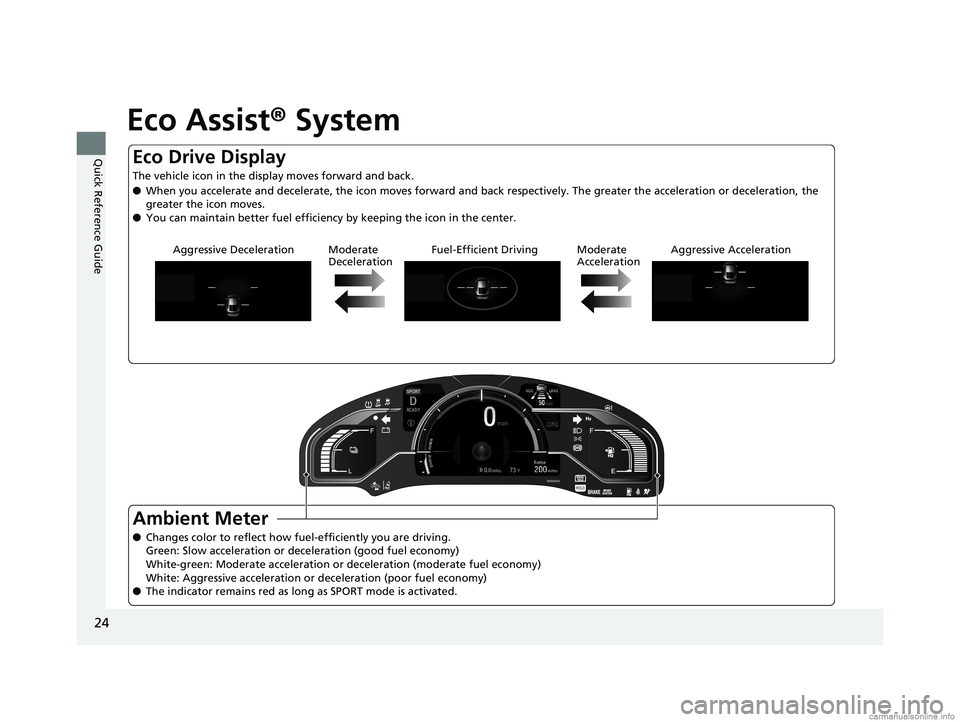 HONDA CLARITY FUEL CELL 2018  Owners Manual (in English) 24
Quick Reference Guide
Eco Assist® System
Aggressive Deceleration Moderate 
DecelerationFuel-Efficient Driving Moderate 
AccelerationAggressive Acceleration
Ambient Meter
●
Changes color to refle