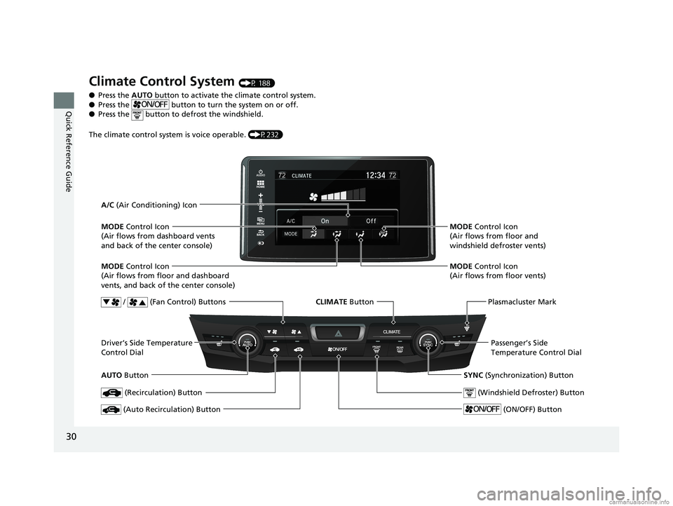 HONDA CLARITY FUEL CELL 2018  Owners Manual (in English) 30
Quick Reference Guide
Climate Control System (P 188)
● Press the  AUTO button to activate the climate control system.
● Press the   button to turn the system on or off.
● Press the   button t