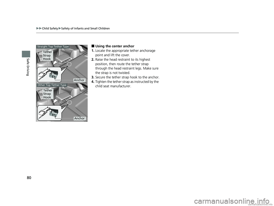 HONDA CLARITY FUEL CELL 2018  Owners Manual (in English) 80
uuChild Safety uSafety of Infants and Small Children
Safe Driving
■Using the center anchor
1. Locate the appropriate tether anchorage 
point and lift the cover.
2. Raise the head restraint to its