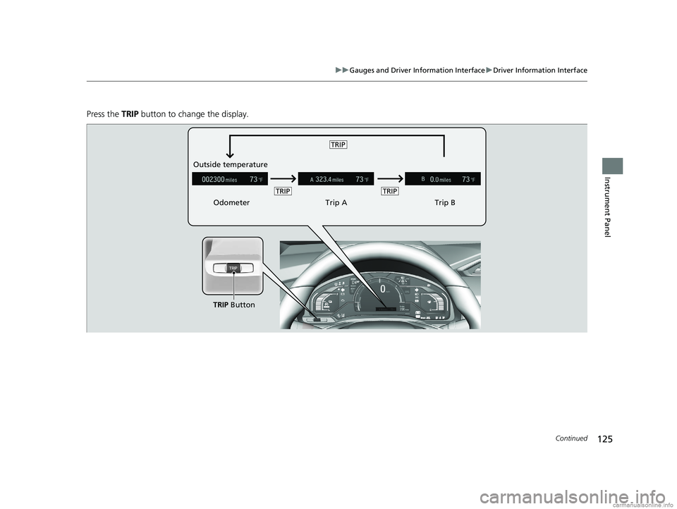HONDA CLARITY PLUG-IN 2018  Owners Manual (in English) 125
uuGauges and Driver Information Interface uDriver Information Interface
Continued
Instrument Panel
Press the  TRIP button to change the display.
Odometer Trip ATrip B
Outside temperature
TRIP Butt