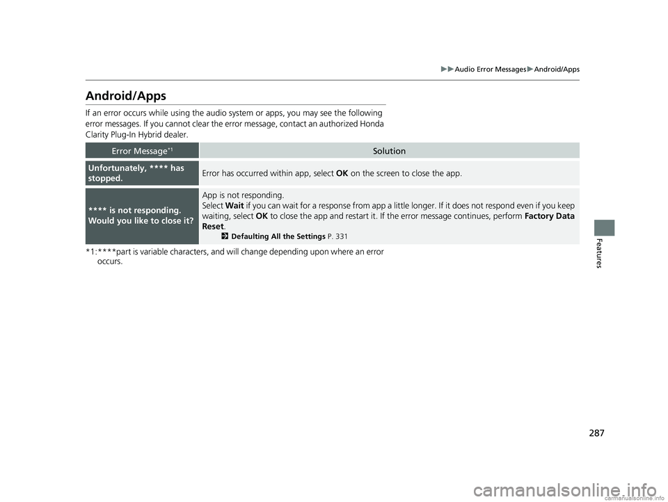 HONDA CLARITY PLUG-IN 2018  Owners Manual (in English) 287
uuAudio Error Messages uAndroid/Apps
Features
Android/Apps
If an error occurs while using the audio system or apps, you may see the following 
error messages. If you cannot clear the e rror messag