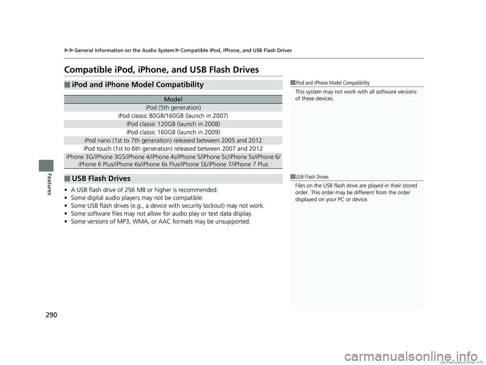 HONDA CLARITY PLUG-IN 2018 Owners Manual (in English) 290
uuGeneral Information on the Audio System uCompatible iPod, iPhone, and USB Flash Drives
Features
Compatible iPod, iPhone, and USB Flash Drives
• A USB flash drive of 256 MB or higher is recomme HONDA CLARITY PLUG-IN 2018 Owners Manual (in English) 290
uuGeneral Information on the Audio System uCompatible iPod, iPhone, and USB Flash Drives
Features
Compatible iPod, iPhone, and USB Flash Drives
• A USB flash drive of 256 MB or higher is recomme