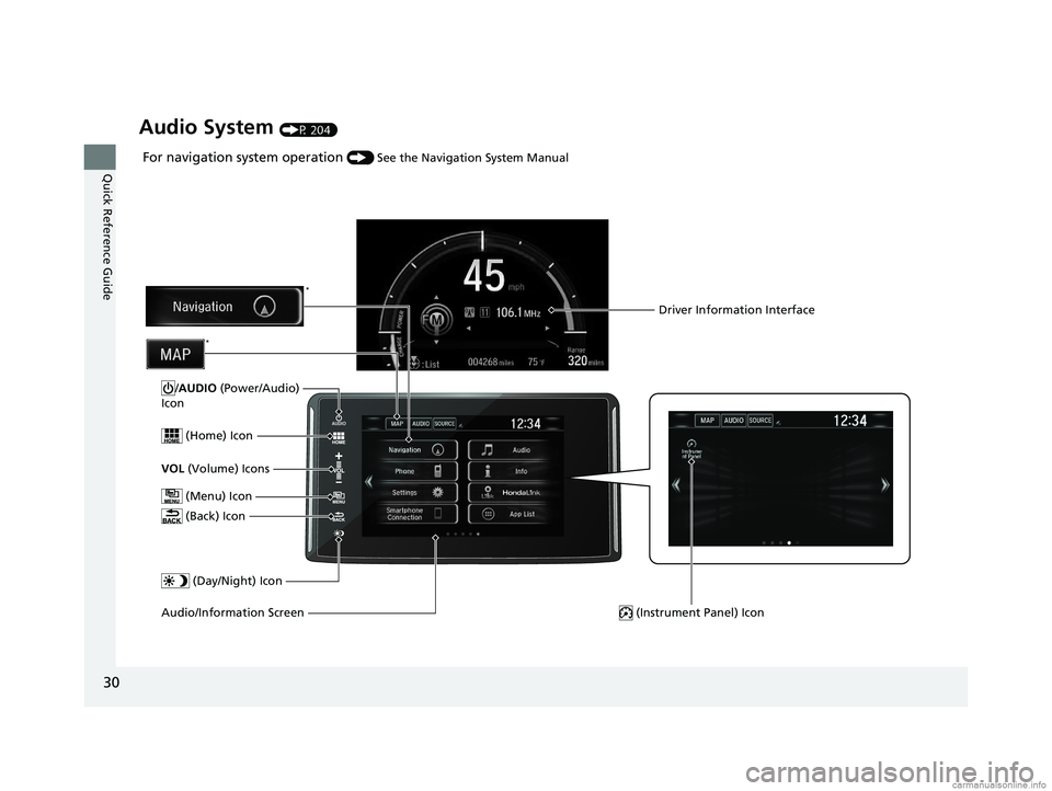 HONDA CLARITY PLUG-IN 2018  Owners Manual (in English) 30
Quick Reference Guide
Audio System (P 204)
For navigation system operation () See the Navigation System Manual
 (Menu) Icon
VOL  (Volume) Icons
 (Home) Icon
 (Back) Icon
Audio/Information Screen /A