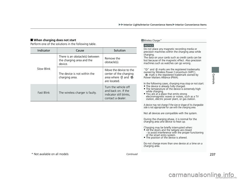 HONDA ODYSSEY 2018  Owners Manual (in English) Continued237
uuInterior Lights/Interior Convenience Items uInterior Convenience Items
Controls
■When charging does not start
Perform one of the solutions in the following table.
IndicatorCauseSoluti