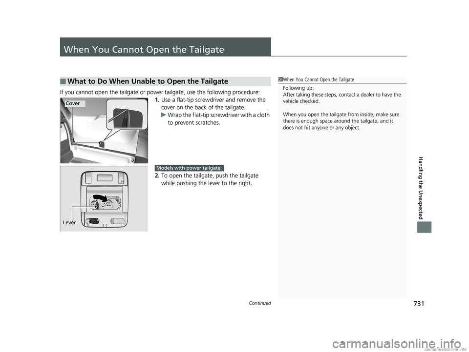 HONDA ODYSSEY 2018  Owners Manual (in English) 731Continued
Handling the Unexpected
When You Cannot Open the Tailgate
If you cannot open the tailgate or power tailgate, use the following procedure:
1. Use a flat-tip screwdriver and remove the 
cov