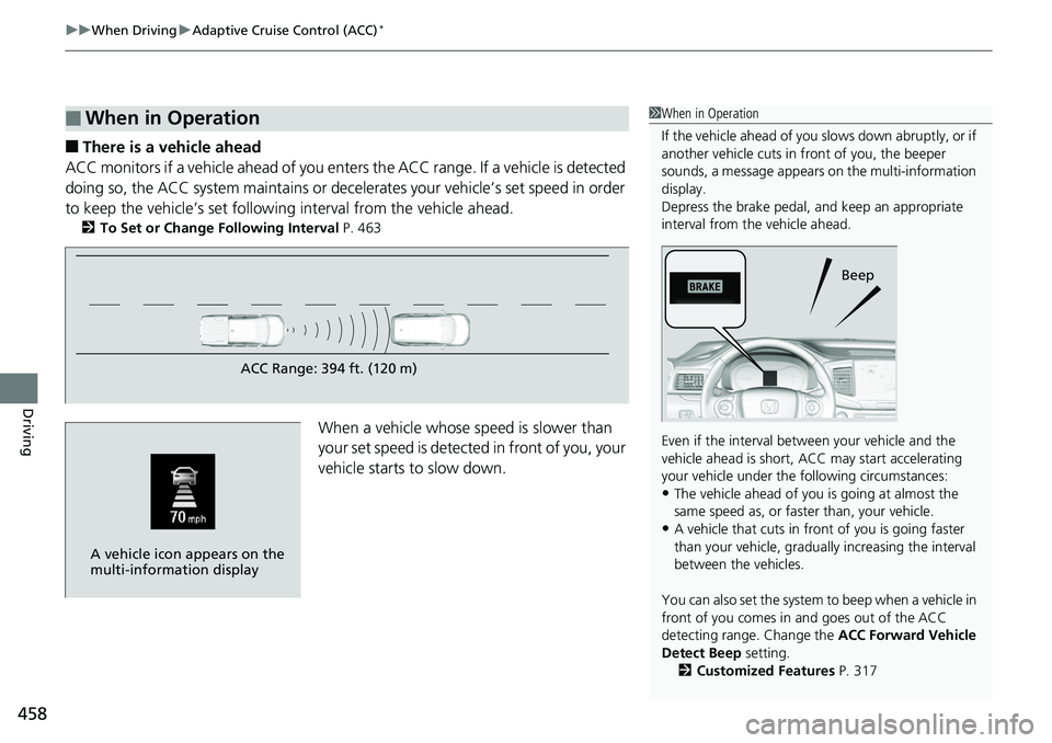 HONDA RIDGELINE 2018 Owners Manual (in English) uuWhen Driving uAdaptive Cruise Control (ACC)*
458
Driving
■There is a vehicle ahead
ACC monitors if a vehicle ahead of you enters the ACC range. If a vehicle is detected
doing so, the ACC system HONDA RIDGELINE 2018 Owners Manual (in English) uuWhen Driving uAdaptive Cruise Control (ACC)*
458
Driving
■There is a vehicle ahead
ACC monitors if a vehicle ahead of you enters the ACC range. If a vehicle is detected
doing so, the ACC system