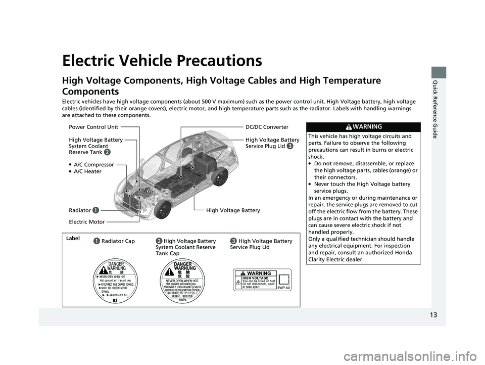 HONDA CLARITY ELECTRIC 2017 Owners Manual (in English) 13
Quick Reference Guide
Electric Vehicle Precautions
High Voltage Components, High Voltage Cables and High Temperature
Components
Electric vehicles have high voltage components (about 500 V maximum) HONDA CLARITY ELECTRIC 2017 Owners Manual (in English) 13
Quick Reference Guide
Electric Vehicle Precautions
High Voltage Components, High Voltage Cables and High Temperature
Components
Electric vehicles have high voltage components (about 500 V maximum)