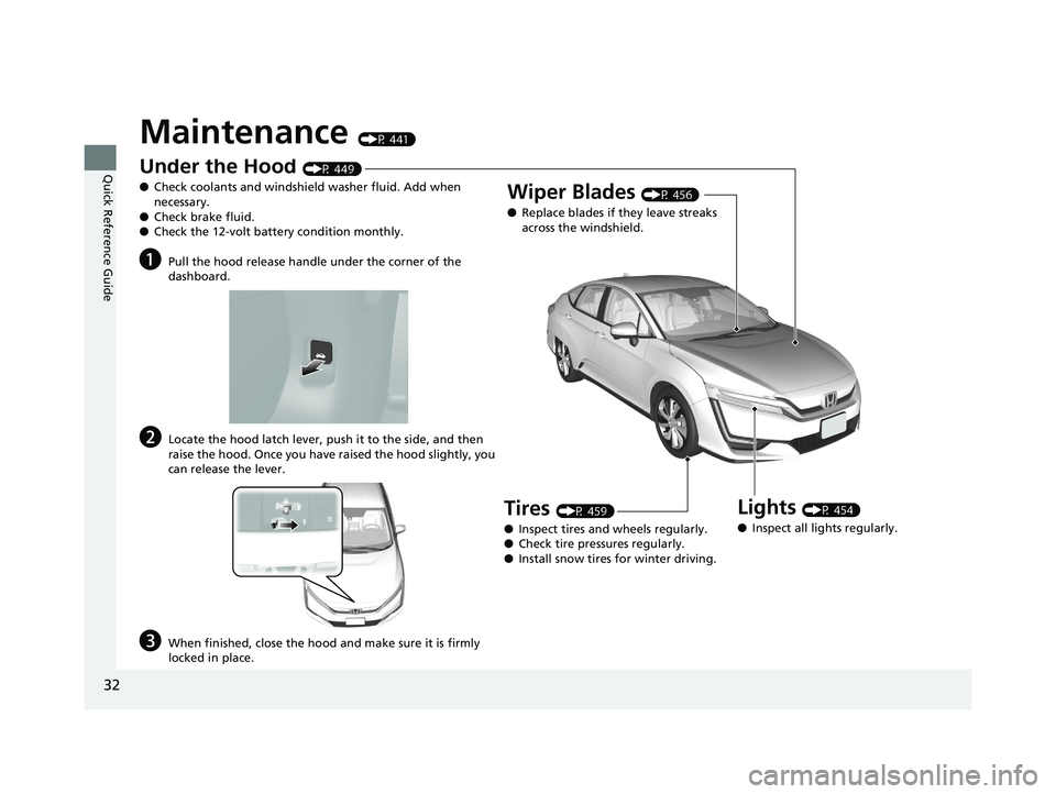 HONDA CLARITY ELECTRIC 2017  Owners Manual (in English) 32
Quick Reference Guide
Maintenance (P 441)
Under the Hood (P 449)
● Check coolants and windshield washer fluid. Add when 
necessary.
● Check brake fluid.
● Check the 12-volt battery condition 