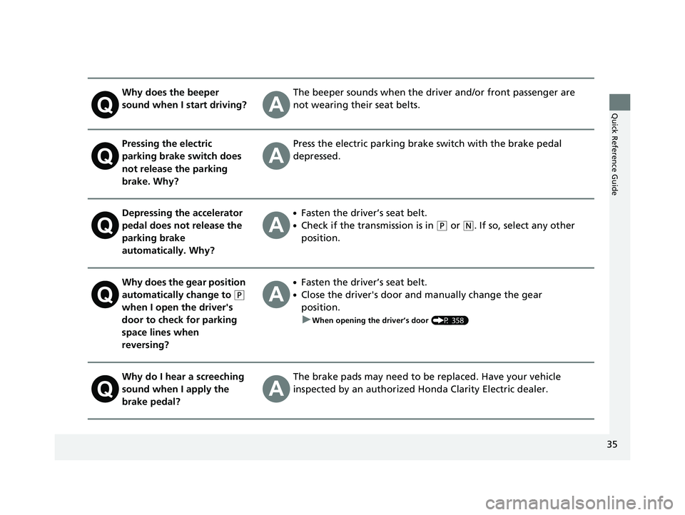HONDA CLARITY ELECTRIC 2017  Owners Manual (in English) 35
Quick Reference Guide
Why does the beeper 
sound when I start driving?The beeper sounds when the driver and/or front passenger are 
not wearing their seat belts.
Pressing the electric 
parking brak