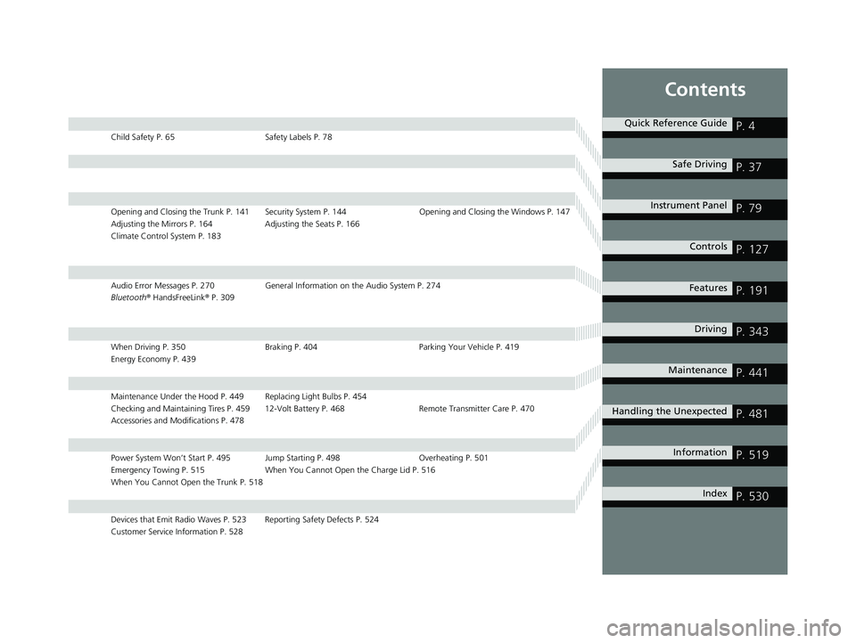 HONDA CLARITY ELECTRIC 2017 Owners Manual (in English) Contents
Child Safety P. 65Safety Labels P. 78
Opening and Closing the Trunk P. 141 Security System P. 144 Opening and Closing the Windows P. 147
Adjusting the Mirrors P. 164 Adjusting the Seats P. 16 HONDA CLARITY ELECTRIC 2017 Owners Manual (in English) Contents
Child Safety P. 65Safety Labels P. 78
Opening and Closing the Trunk P. 141 Security System P. 144 Opening and Closing the Windows P. 147
Adjusting the Mirrors P. 164 Adjusting the Seats P. 16