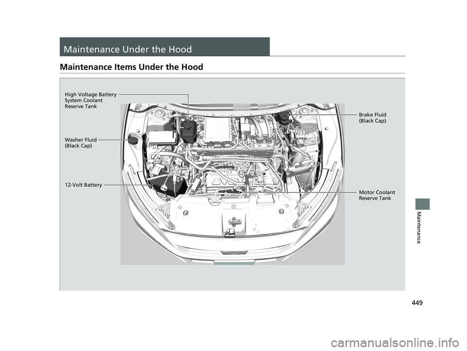 HONDA CLARITY ELECTRIC 2017  Owners Manual (in English) 449
Maintenance
Maintenance Under the Hood
Maintenance Items Under the Hood
Washer Fluid 
(Black Cap)
12-Volt BatteryBrake Fluid 
(Black Cap)
Motor Coolant 
Reserve Tank
High Voltage Battery 
System C