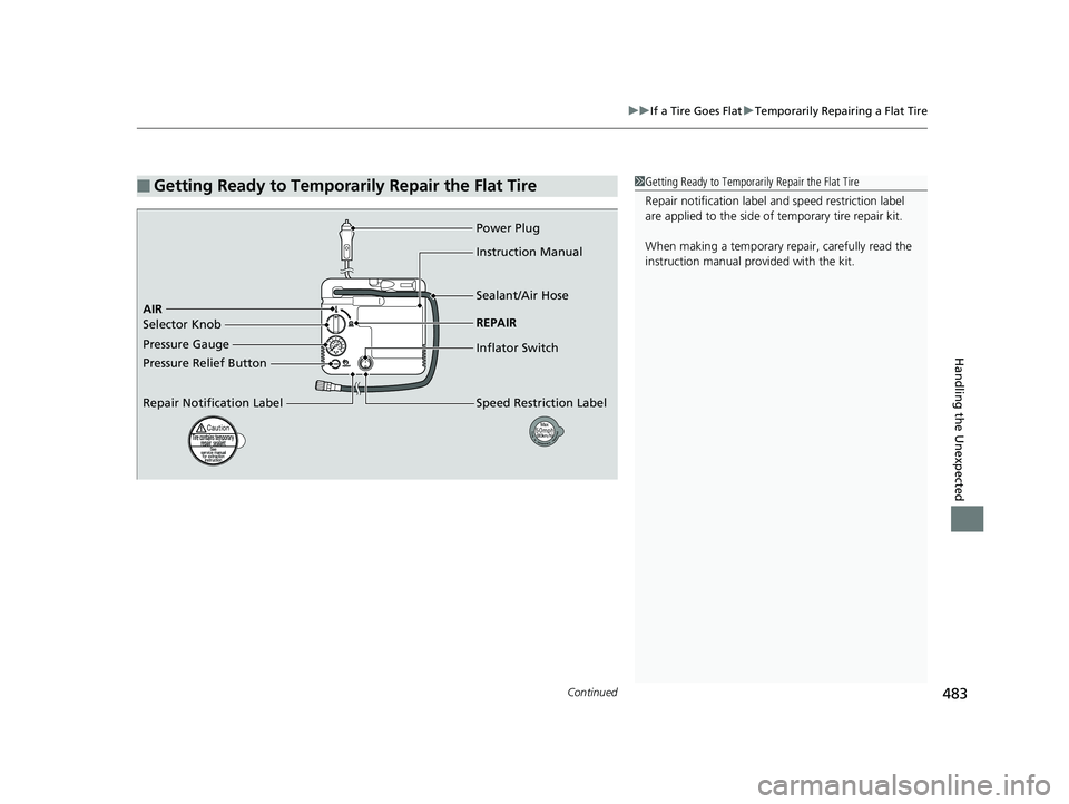 HONDA CLARITY ELECTRIC 2017  Owners Manual (in English) Continued483
uuIf a Tire Goes Flat uTemporarily Repairing a Flat Tire
Handling the Unexpected
■Getting Ready to Temporarily Repair the Flat Tire1Getting Ready to Temporarily Repair the Flat Tire
Rep