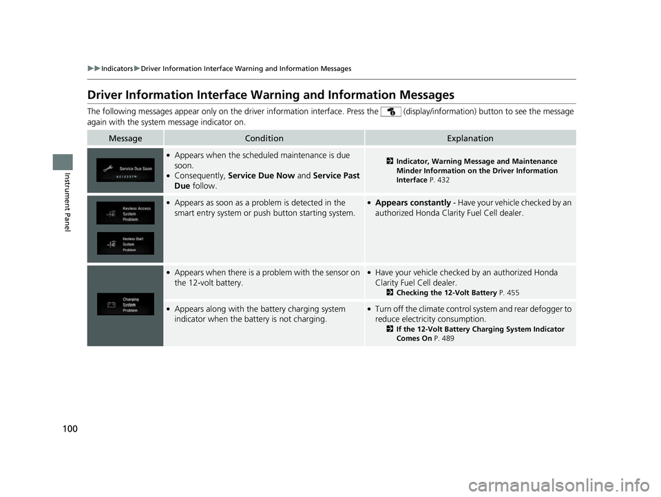 HONDA CLARITY FUEL CELL 2017 Owners Manual (in English) 100
uuIndicators uDriver Information Interface Wa rning and Information Messages
Instrument Panel
Driver Information Interface Warning and Information Messages
The following messages appear only on t HONDA CLARITY FUEL CELL 2017 Owners Manual (in English) 100
uuIndicators uDriver Information Interface Wa rning and Information Messages
Instrument Panel
Driver Information Interface Warning and Information Messages
The following messages appear only on t