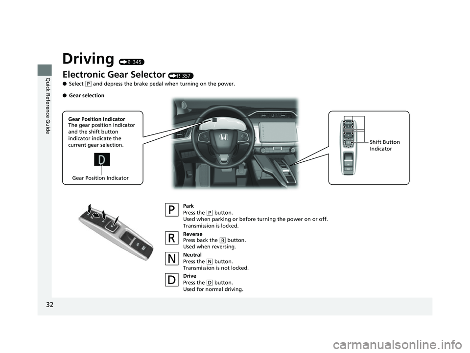 HONDA CLARITY FUEL CELL 2017  Owners Manual (in English) 32
Quick Reference Guide
Driving (P 345)
Electronic Gear Selector (P 357)
● Select 
(P and depress the brake pedal when turning on the power.
Park
Press the 
(P button.
Used when parking or before t