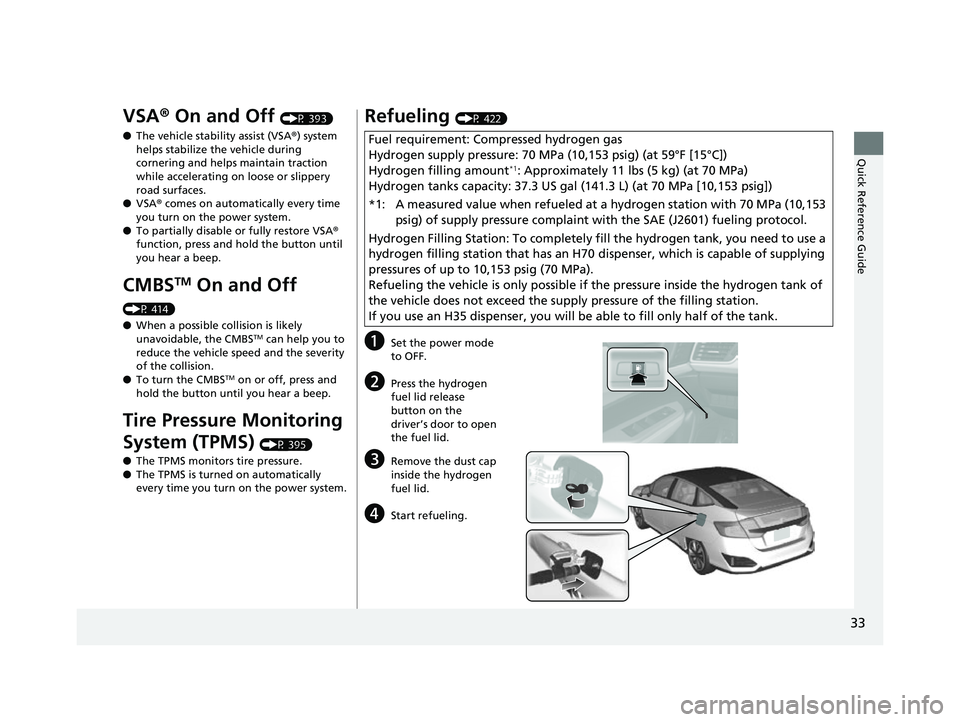 HONDA CLARITY FUEL CELL 2017 Owners Manual (in English) 33
Quick Reference Guide
VSA® On and Off (P 393)
● The vehicle stability assist (VSA® ) system
helps stabilize the vehicle during
cornering and helps maintain traction
while accelerating on loo HONDA CLARITY FUEL CELL 2017 Owners Manual (in English) 33
Quick Reference Guide
VSA® On and Off (P 393)
● The vehicle stability assist (VSA® ) system
helps stabilize the vehicle during
cornering and helps maintain traction
while accelerating on loo