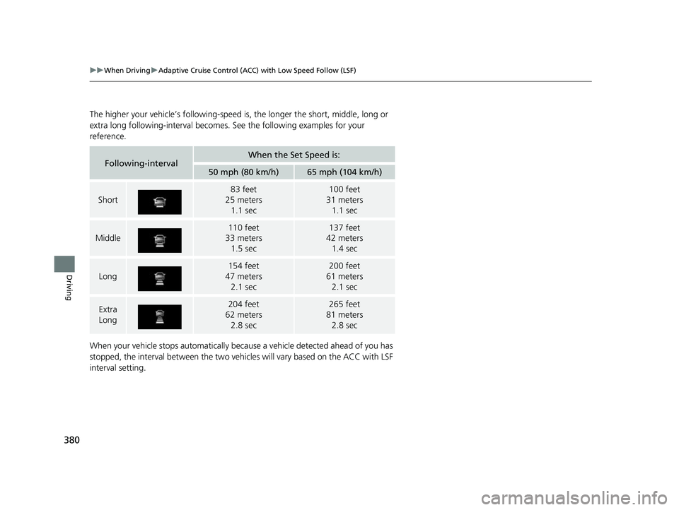 HONDA CLARITY FUEL CELL 2017  Owners Manual (in English) 380
uuWhen Driving uAdaptive Cruise Control (ACC) with Low Speed Follow (LSF)
Driving
The higher your vehicle’s following-speed  is, the longer the short, middle, long or 
extra long following-inter