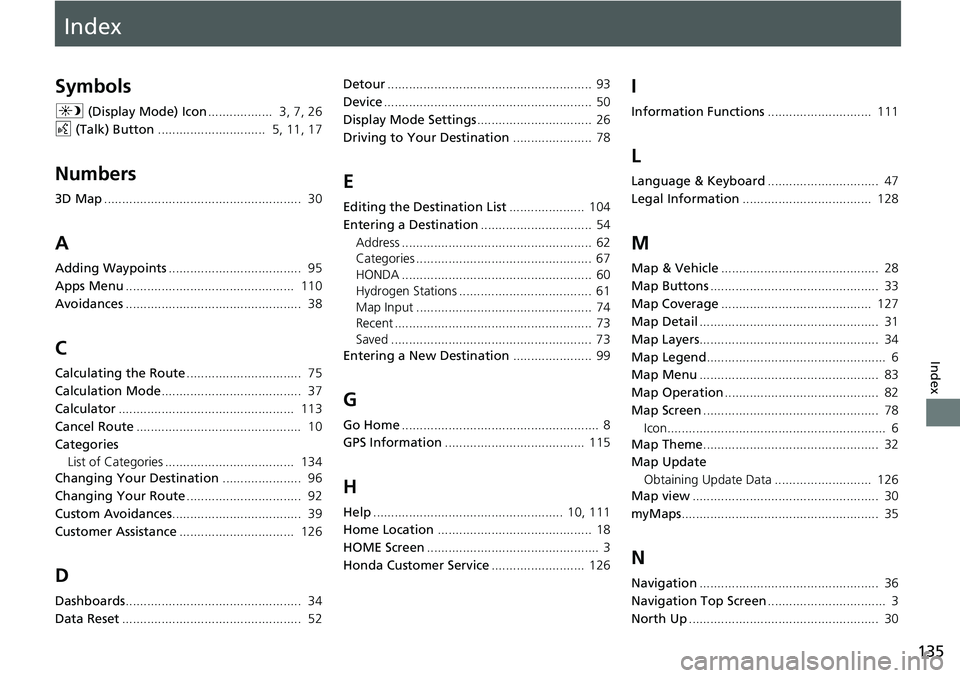 HONDA CLARITY FUEL CELL 2017  Navigation Manual (in English) Index
135
Index
Index
Symbols
a (Display Mode) Icon ..................  3, 7, 26
d  (Talk) Button ..............................  5, 11, 17
Numbers
3D Map..............................................
