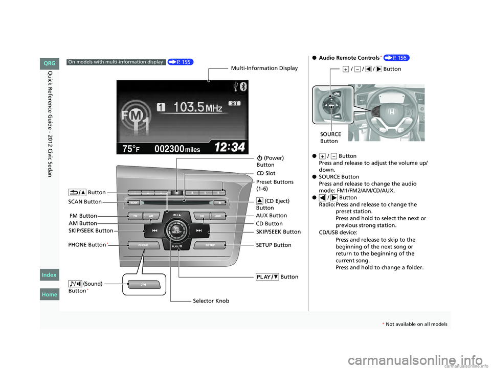 HONDA CIVIC SEDAN 2012  Owners Manual (in English) 14
Quick Reference Guide - 2012 Civic Sedan
002300
75°F miles
 (P 155)On models with multi-information displayMulti-Information Display
AM Button FM Button
SCAN Button
SKIP/SEEK Button
Selector Knob
