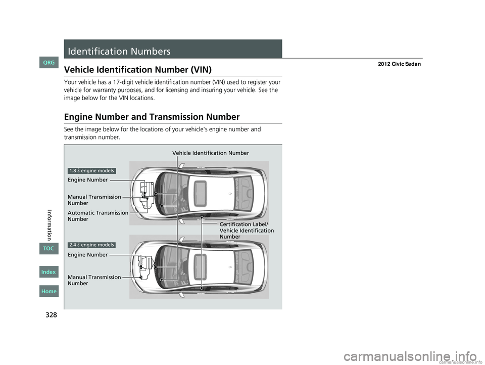 HONDA CIVIC SEDAN 2012  Owners Manual (in English) 328
Information
Identification Numbers
Vehicle Identification Number (VIN)
Your vehicle has a 17-digit vehicle identification number (VIN) used to register your 
vehicle for warranty purposes, and for