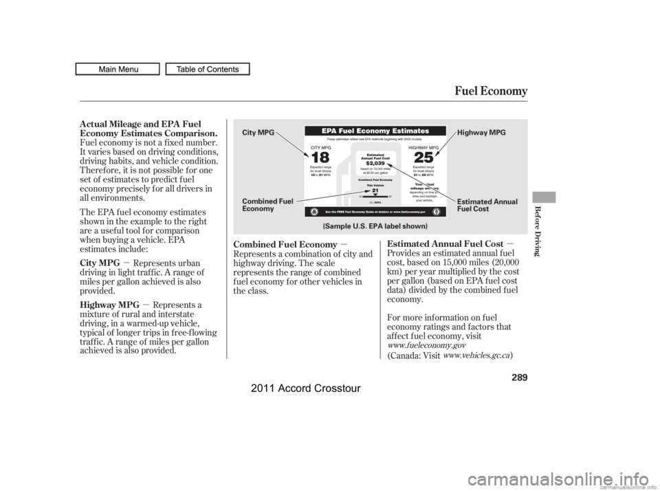 HONDA CROSSTOUR 2011 Owners Manual (in English) µ
µ µ
µ
Fuel economy is not a f ixed number.
It varies based on driving conditions,
driving habits, and vehicle condition.
Theref ore, it is not possible f or one
set of estimates to predict f HONDA CROSSTOUR 2011 Owners Manual (in English) µ
µ µ
µ
Fuel economy is not a f ixed number.
It varies based on driving conditions,
driving habits, and vehicle condition.
Theref ore, it is not possible f or one
set of estimates to predict f