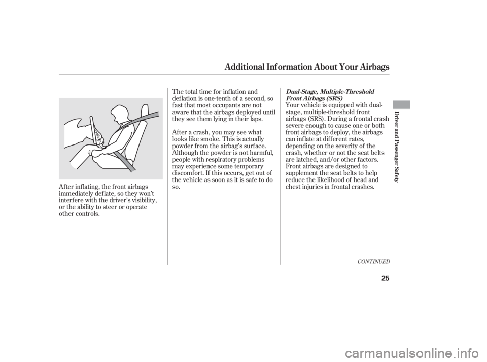 HONDA CIVIC SEDAN 2011  Owners Manual (in English) CONT INUED
Your vehicle is equipped with dual-
stage, multiple-threshold f ront
airbags (SRS). During a f rontal crash
severe enough to cause one or both
f ront airbags to deploy, the airbags
can inf 