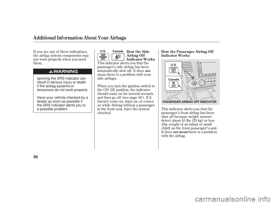 HONDA CIVIC SEDAN 2011  Owners Manual (in English) This indicator alerts you that the
passenger’s f ront airbag has been
shut of f because weight sensors
detect about 65 lbs (29 kg) or less
(the weight of an inf ant or small
child) on the f ront pas