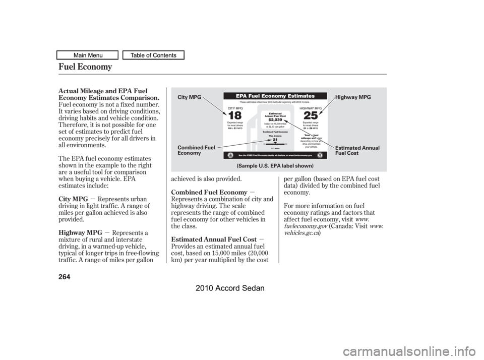 HONDA ACCORD SEDAN 2010 Owners Manual (in English) µ
µ
µ
µ
Fuel economy is not a f ixed number.
It varies based on driving conditions,
driving habits and vehicle condition.
Theref ore, it is not possible f or one
set of estimates to predict f HONDA ACCORD SEDAN 2010 Owners Manual (in English) µ
µ
µ
µ
Fuel economy is not a f ixed number.
It varies based on driving conditions,
driving habits and vehicle condition.
Theref ore, it is not possible f or one
set of estimates to predict f