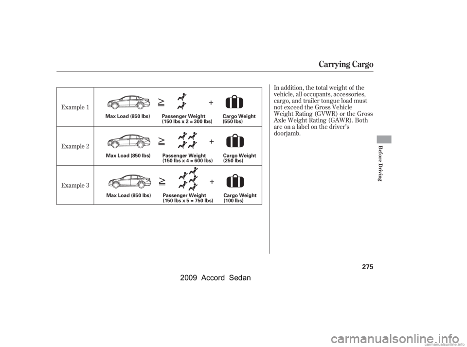 HONDA ACCORD SEDAN 2009  Owners Manual (in English) In addition, the total weight of the 
vehicle, all occupants, accessories,
cargo, and trailer tongue load must
not exceed the Gross Vehicle
Weight Rating (GVWR) or the Gross
Axle Weight Rating (GAWR).