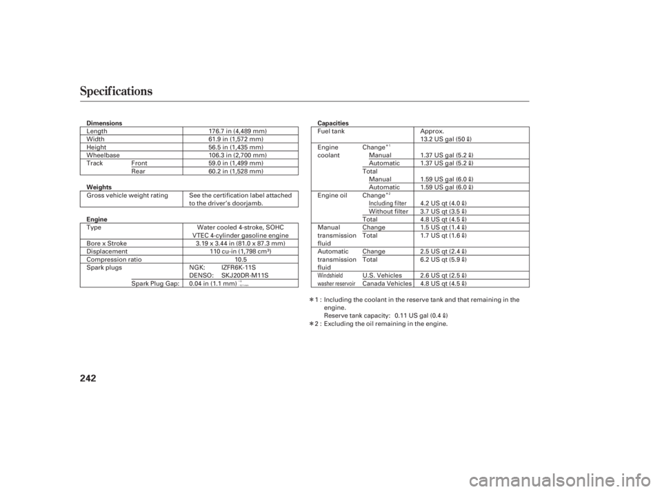 HONDA CIVIC SEDAN 2006 Owners Manual (in English) Î
Î
´
µ
Î
Î
Specif ications
242
Dimensions
Weights
EngineCapacities
176.7 in (4,489 mm)
61.9 in (1,572 mm)
56.5 in (1,435 mm)
106.3 in (2,700 mm)
59.0 in (1,499 mm)
60.2 in (1,528 mm) 13.2 HONDA CIVIC SEDAN 2006 Owners Manual (in English) Î
Î
´
µ
Î
Î
Specif ications
242
Dimensions
Weights
EngineCapacities
176.7 in (4,489 mm)
61.9 in (1,572 mm)
56.5 in (1,435 mm)
106.3 in (2,700 mm)
59.0 in (1,499 mm)
60.2 in (1,528 mm) 13.2