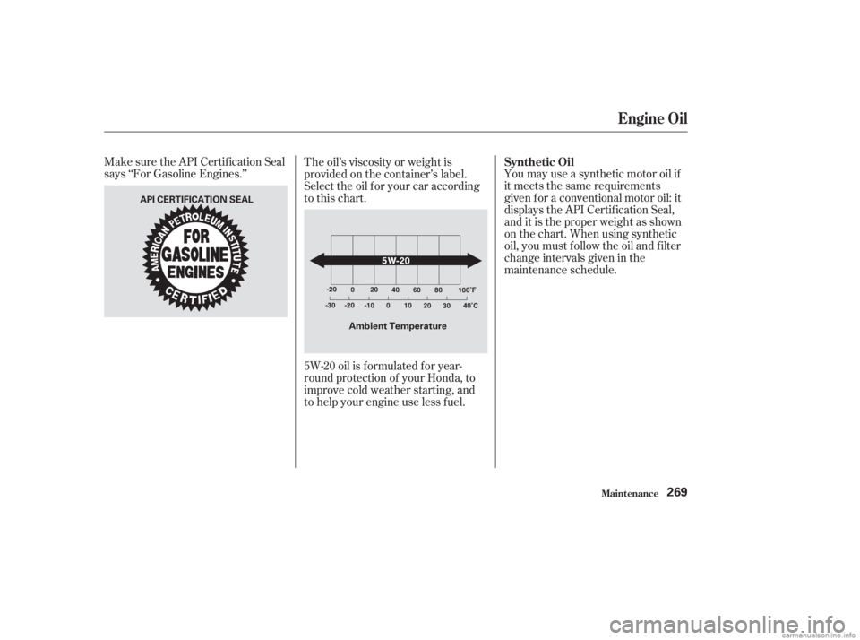 HONDA ACCORD SEDAN 2003  Owners Manual (in English) Make sure the API Certif ication Seal
says ‘‘For Gasoline Engines.’’You may use a synthetic motor oil if
it meets the same requirements
given f or a conventional motor oil: it
displays the API