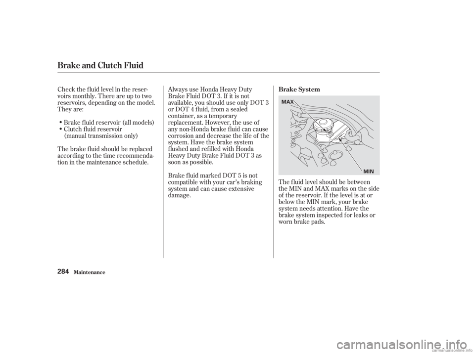 HONDA ACCORD SEDAN 2003  Owners Manual (in English) The f luid level should be between
theMINandMAXmarksontheside
of the reservoir. If the level is at or
below the MIN mark, your brake
system needs attention. Have the
brake system inspected f or leaks 