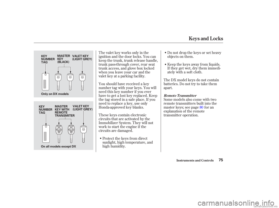 HONDA ACCORD SEDAN 2003 Owners Manual (in English) These keys contain electronic
circuits that are activated by the
Immobilizer System. They will not
work to start the engine if the
circuits are damaged.Protect the keys f rom direct
sunlight, high tem HONDA ACCORD SEDAN 2003 Owners Manual (in English) These keys contain electronic
circuits that are activated by the
Immobilizer System. They will not
work to start the engine if the
circuits are damaged.Protect the keys f rom direct
sunlight, high tem
