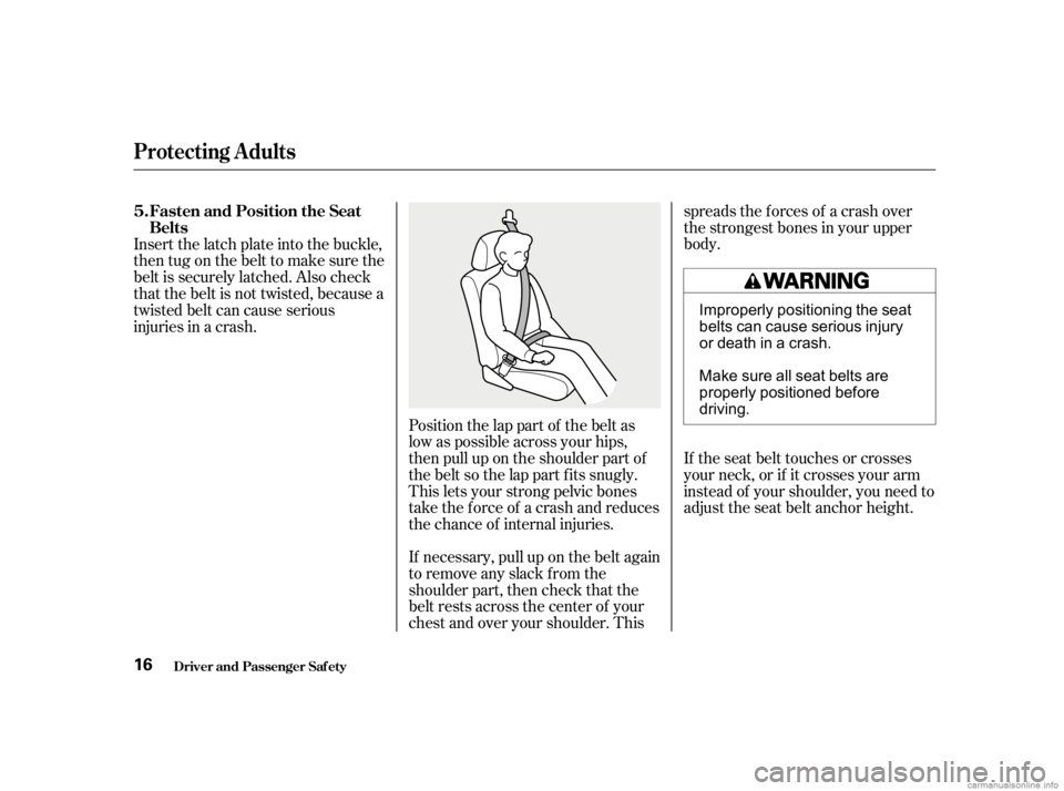 HONDA CIVIC SEDAN 2001 Owners Manual (in English) If necessary, pull up on the belt again
to remove any slack from the
shoulder part, then check that the
belt rests across the center of your
chest and over your shoulder. Thisspreads the f orces of a HONDA CIVIC SEDAN 2001 Owners Manual (in English) If necessary, pull up on the belt again
to remove any slack from the
shoulder part, then check that the
belt rests across the center of your
chest and over your shoulder. Thisspreads the f orces of a
