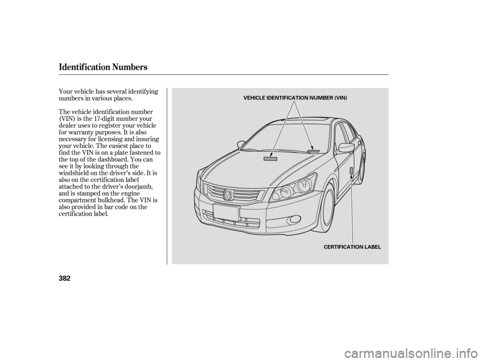 HONDA ACCORD 2009 8.G Owners Manual Your vehicle has several identif ying 
numbers in various places. 
The vehicle identif ication number 
(VIN) is the 17-digit number your
dealer uses to register your vehicle
f or warranty purposes. It