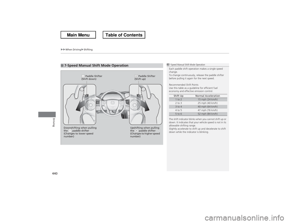 HONDA ACCORD 2013 9.G Owners Manual uuWhen Driving uShifting
440Driving
■7-Speed Manual Shift Mode Operation
17-Speed Manual Shift Mode Operation
Each paddle shift operation makes a single speed 
change.
To change continuously, releas