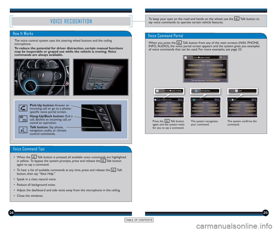 HONDA ACCORD TOURING 2015 9.G Technology Reference Guide 2425
VOICE RECOGNITION
How It Works
The voice control system uses the steering wheel buttons and the ceiling
microphone.
To reduce the potential for driver distraction, certain manual functions
may be