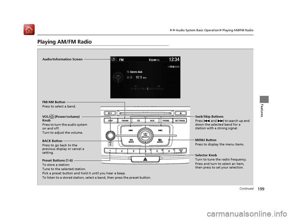 HONDA ACCORD 2016 9.G Owners Manual 199
uuAudio System Basic Operation uPlaying AM/FM Radio
Continued
Features
Playing AM/FM Radio
Audio/Information Screen
FM/AM Button
Press to select a band.
Preset Buttons (1-6)
To store a station:
Tu