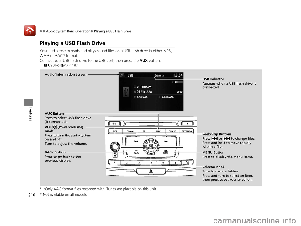 HONDA ACCORD 2016 9.G Owners Manual 210
uuAudio System Basic Operation uPlaying a USB Flash Drive
Features
Playing a USB Flash Drive
Your audio system reads and plays sound files on a USB flash drive in either MP3, 
WMA or AAC*1 format.